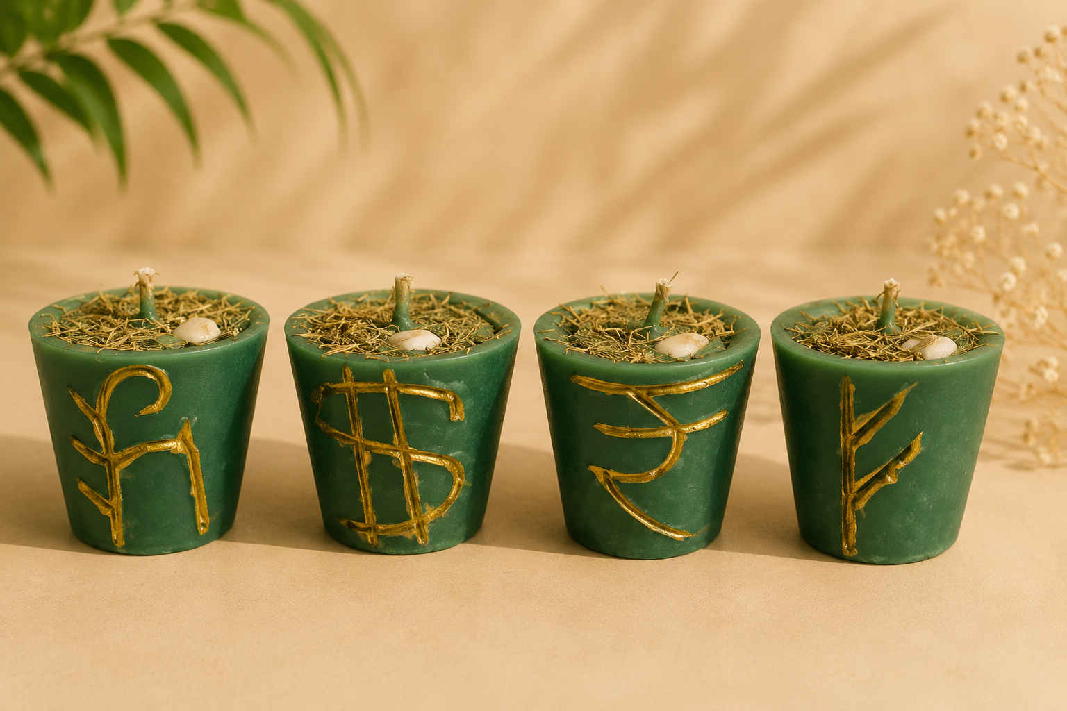 Rupee Symbol Healing Candle Set of 4 | Handmade Wealth & Prosperity Tea Light Candles | Green Manifestation Candle Gift Set