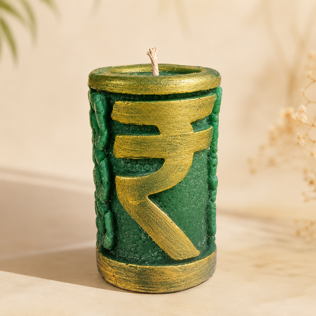 Rupee Symbol Healing Candle | Handmade Wealth & Prosperity Candle | Green Manifestation Candle for Abundance & Success