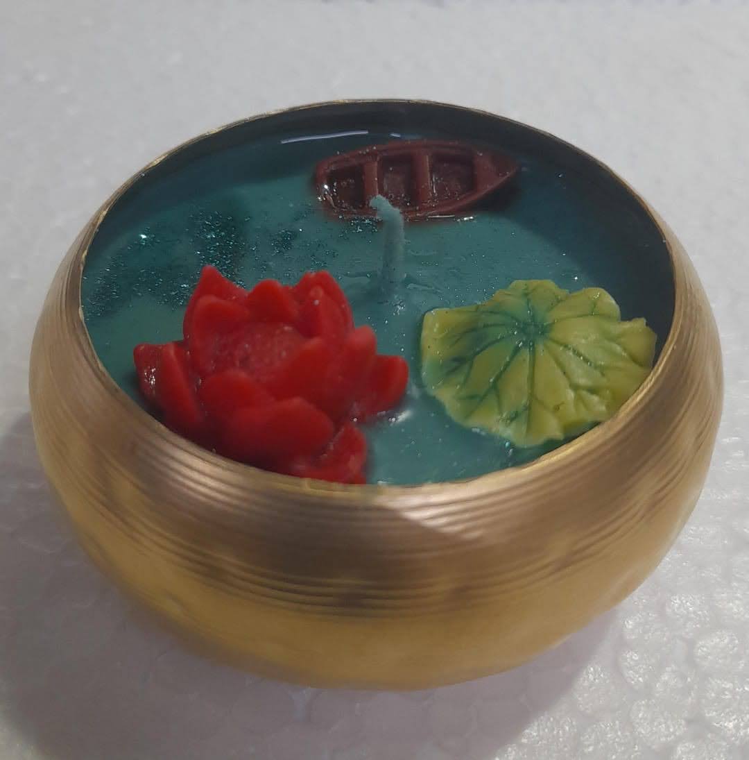 Lotus Pond Urli Candle | Handmade Decorative Soy Wax Urli Candle with Lotus Flower & Boat Design | Luxury Home Décor & Gift Candle