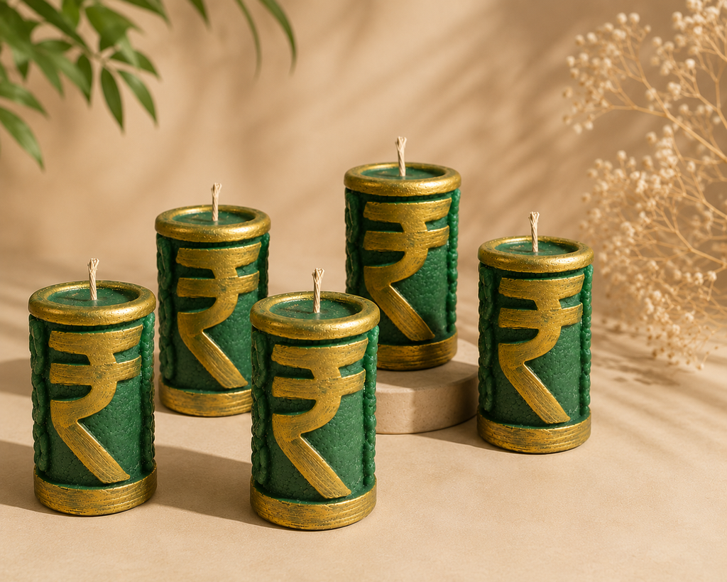 Rupee Symbol Healing Candle | Handmade Wealth & Prosperity Candle | Green Manifestation Candle for Abundance & Success